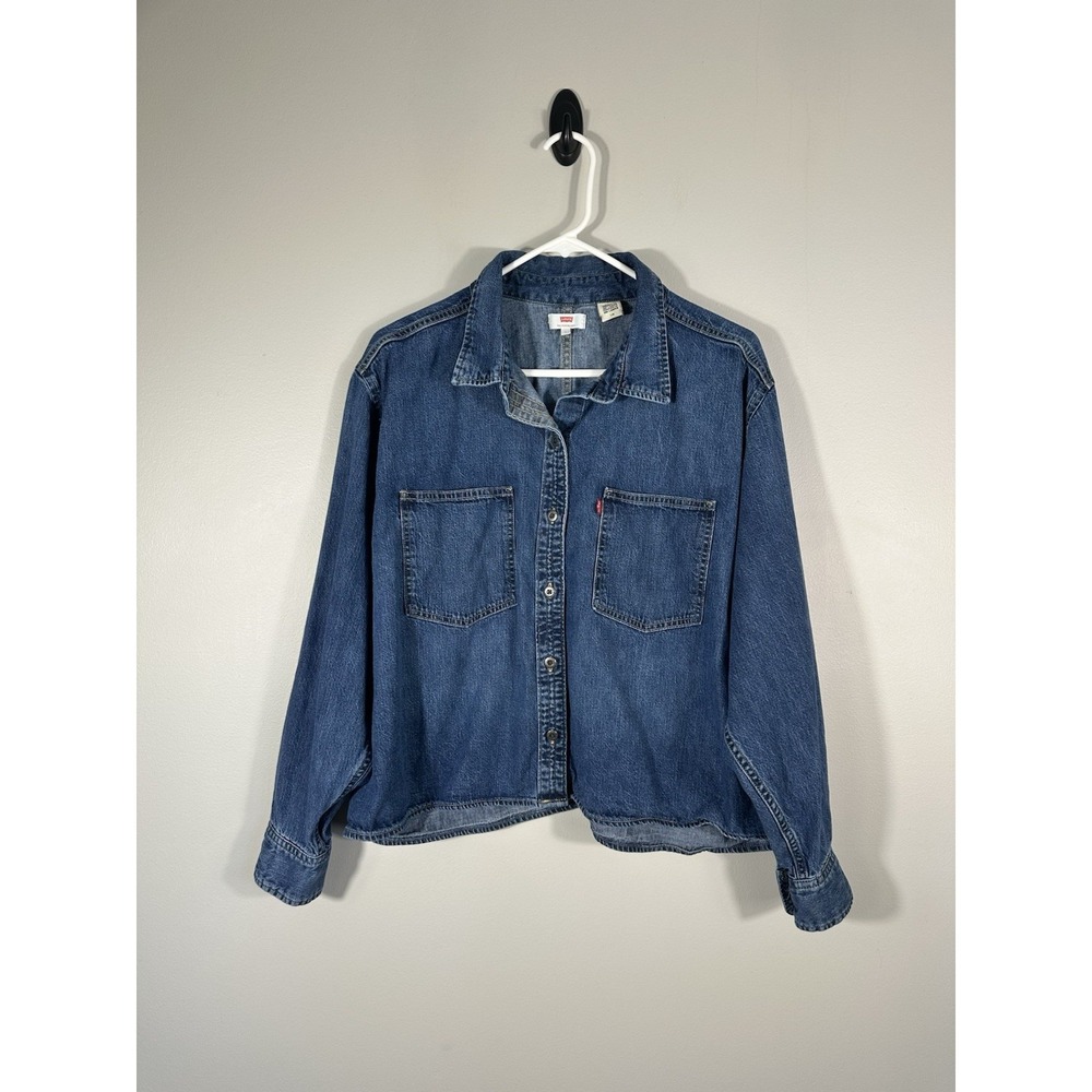 Levis Denim Shirt Womens Large Blue Boxy Utility Pockets Oversized